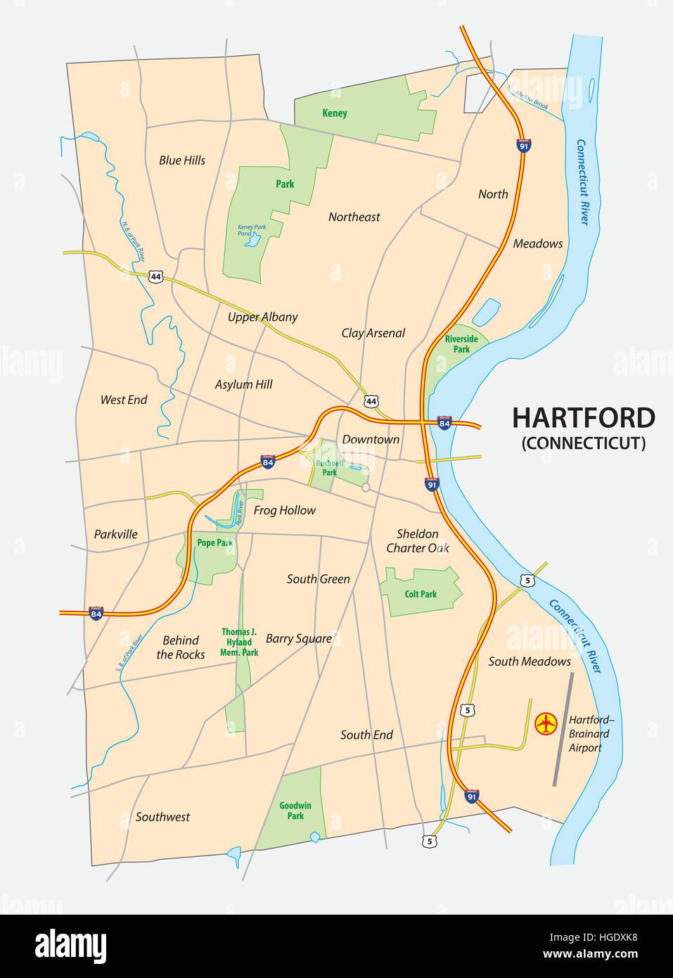 Mapa de carreteras de Hartford, la capital del estado estadounidense de