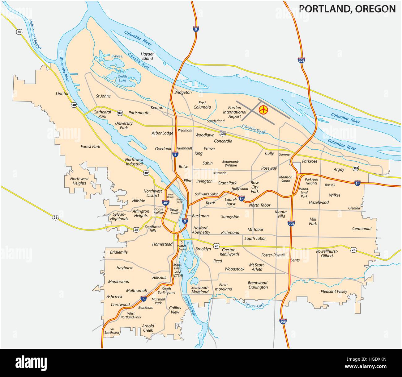 Carretera y vecindario mapa de Portland, Oregón Imagen Vector de stock