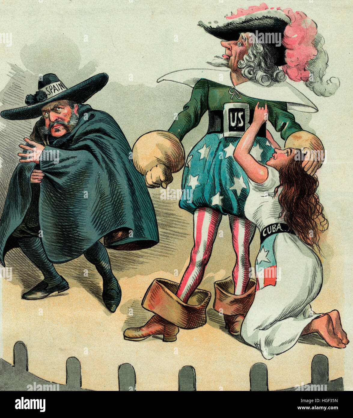 El melodrama cubano- caricatura política muestra el Tío Sam en el papel de 'héroe noble' en un melodrama, defendiendo una joven denominada "Cuba" desde el "gran villano" con la etiqueta 'Spain'. 1896 Foto de stock