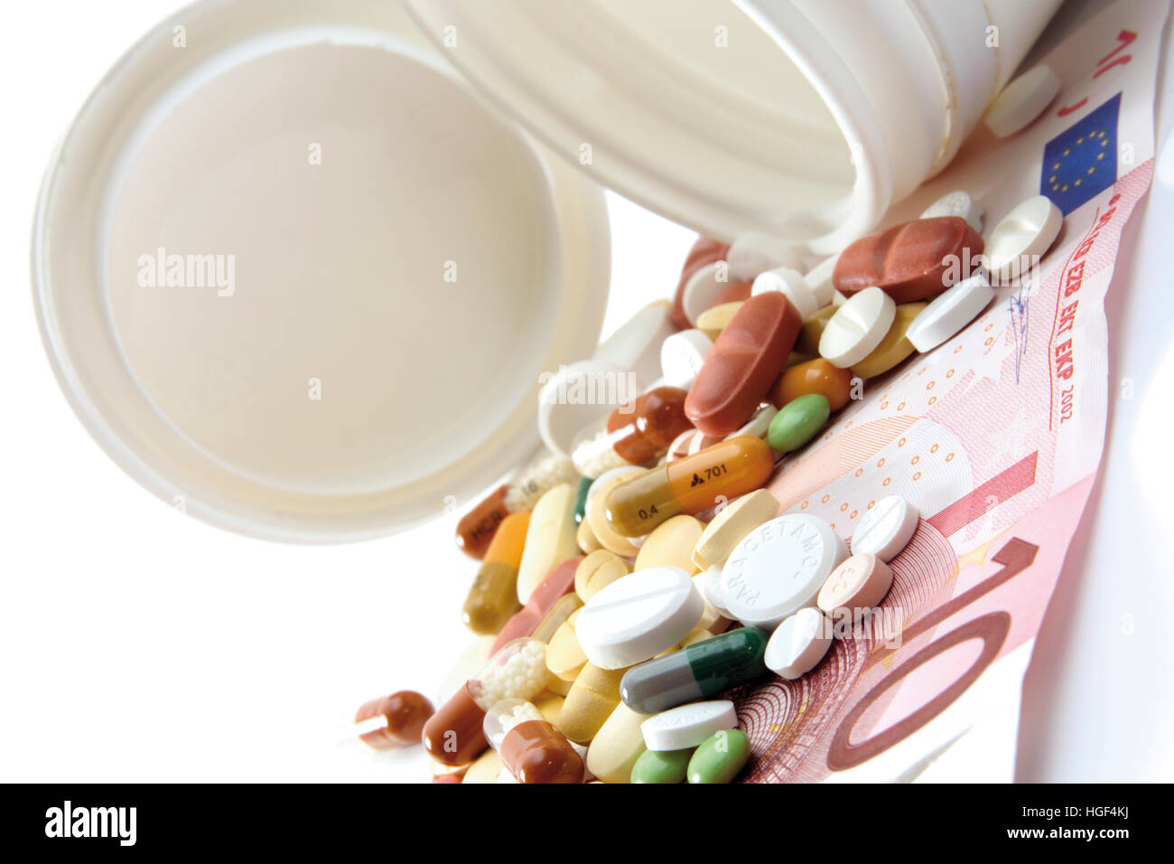Ley de 10 Euros con pastillas: símbolo de los costos de los medicamentos recetados Foto de stock