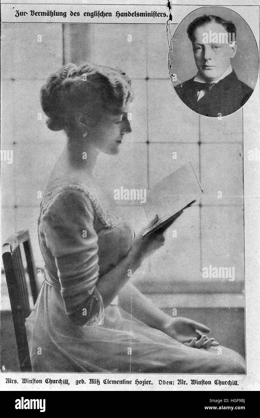 1908. Fotografía de acoplamiento Clementine Hosier, con inserción de marido, Winston. Ilustración en el periódico alemán Foto de stock