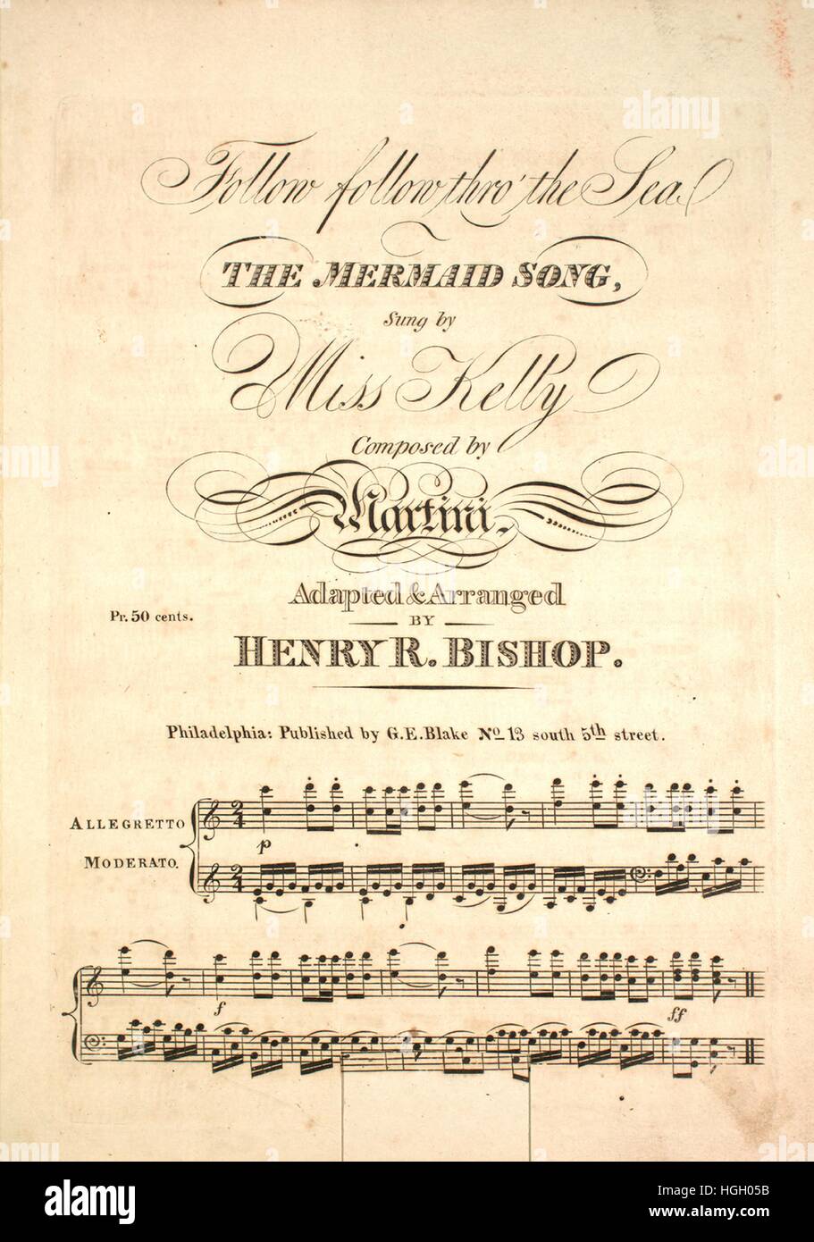 Imagen de cubierta de partituras de la canción "Siga pasante del Mar el  canto de sirena", con notas de autoría original leyendo 'compuesto por  Martini adaptadas y arregladas por Henry R Obispo",