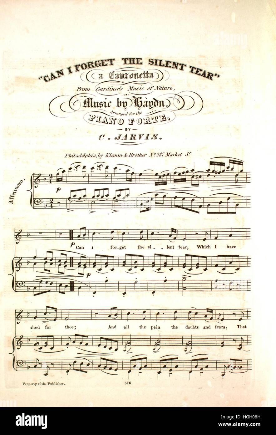Imagen de cubierta de partituras de la canción "No puedo olvidar la lágrima  silenciosa una Canzonetta de Gardiner, la música de la Naturaleza", con  notas de autoría original leyendo 'Música de Haydn