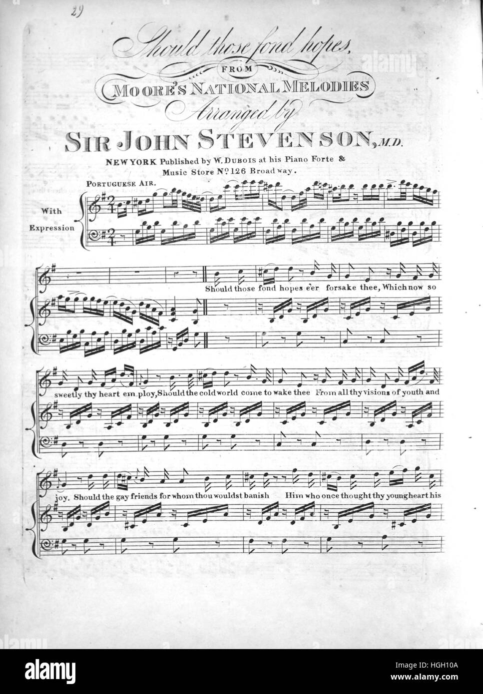 Imagen de cubierta de partituras de la canción 'debería aquellos que aman  las esperanzas, de Melodías nacionales de Moore", con notas de autoría  original leyendo 'organizado por Sir John Stevenson, MD, Estados