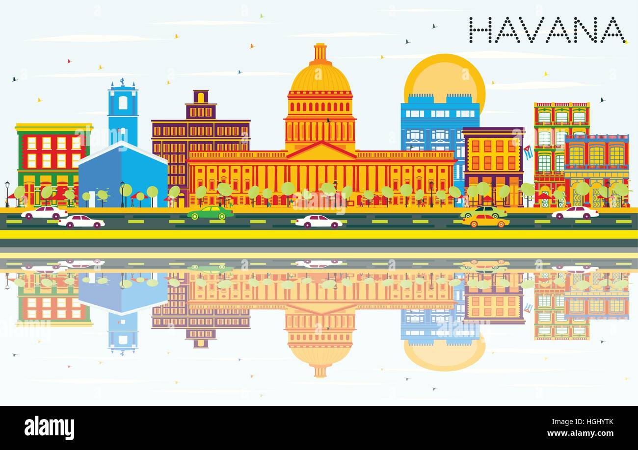 La Habana Skyline con edificios de color, cielo azul y reflexiones. Ilustración vectorial. Viajes de negocios y turismo concepto con la arquitectura histórica. Ilustración del Vector