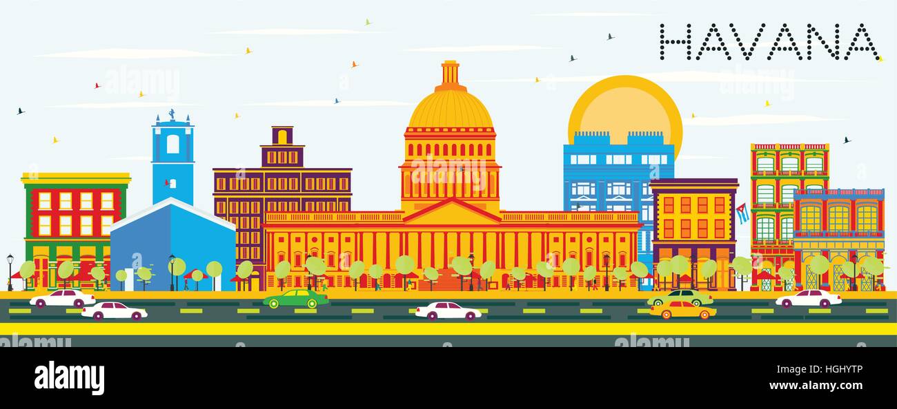 La Habana Skyline con edificios y de color azul cielo. Ilustración vectorial. Viajes de negocios y turismo concepto con la arquitectura histórica. Ilustración del Vector