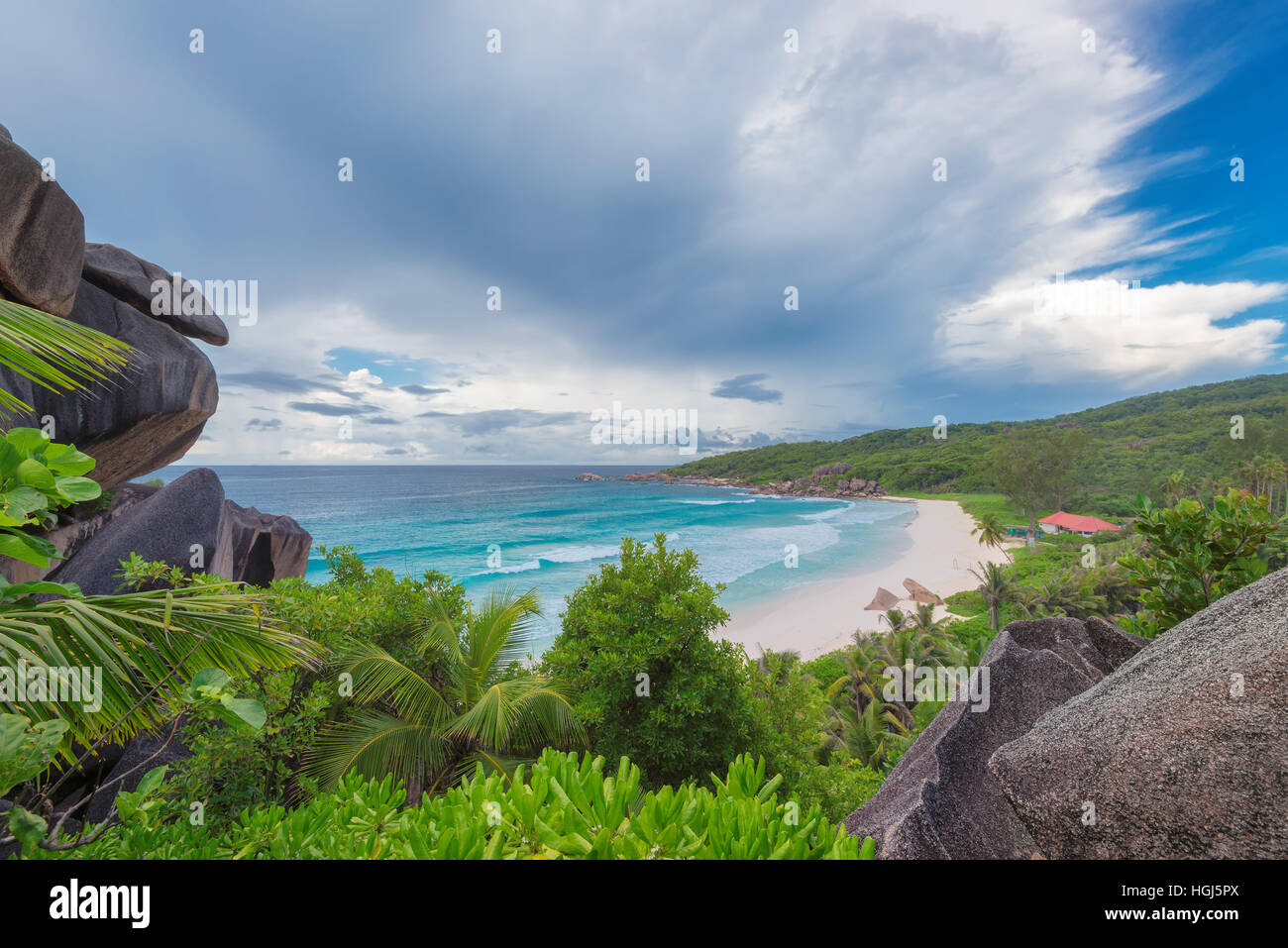 Grande Anse Beach en la isla de La Digue, Seychelles Foto de stock