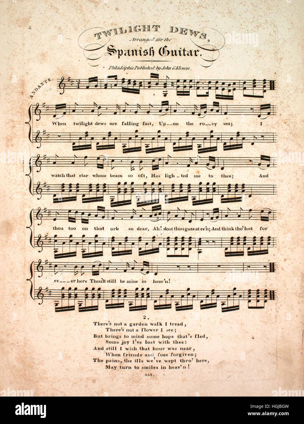 Imagen de cubierta de partituras de la canción 'Crepúsculo' Dews, con notas  de autoría original leyendo 'arreglados para la guitarra española [NA]',  Estados Unidos, 1900. El editor está clasificada como 'John G.
