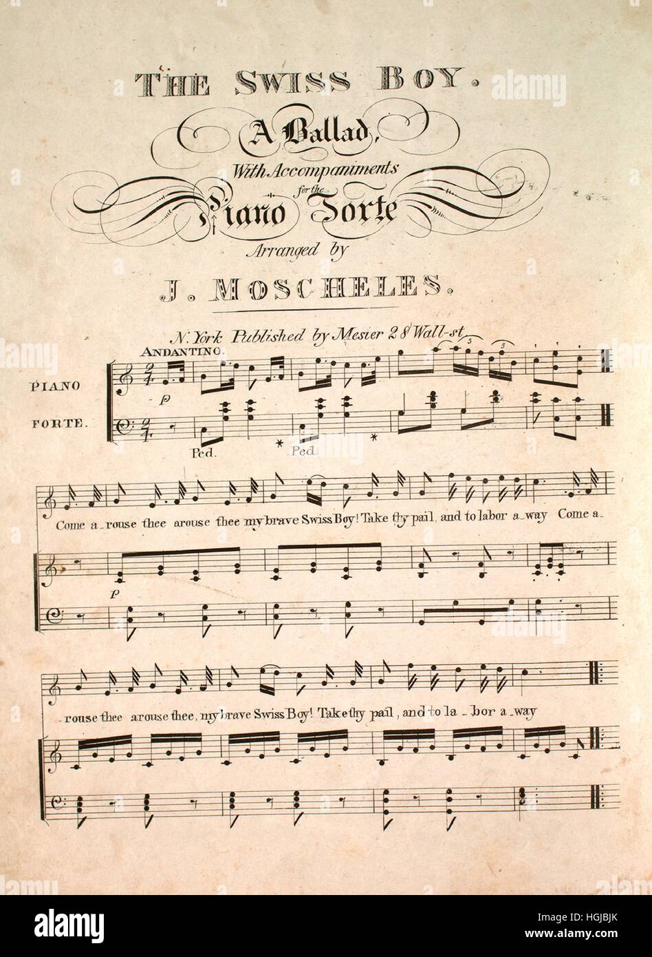 Imagen de cubierta de partituras de la canción "El muchacho suizo una  balada", con notas de autoría original leyendo 'Con acompañamientos de  Piano Forte organizado por J Moscheles', de 1900. El editor