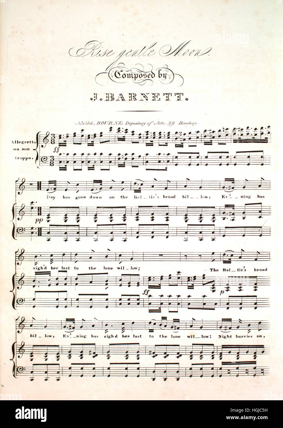 Imagen de cubierta de partituras de la canción 'Rise suave de luna", con  notas de autoría original leyendo 'compuesto por J' Barnett, Estados  Unidos, 1900. El editor figura como "Bourne, depositario de