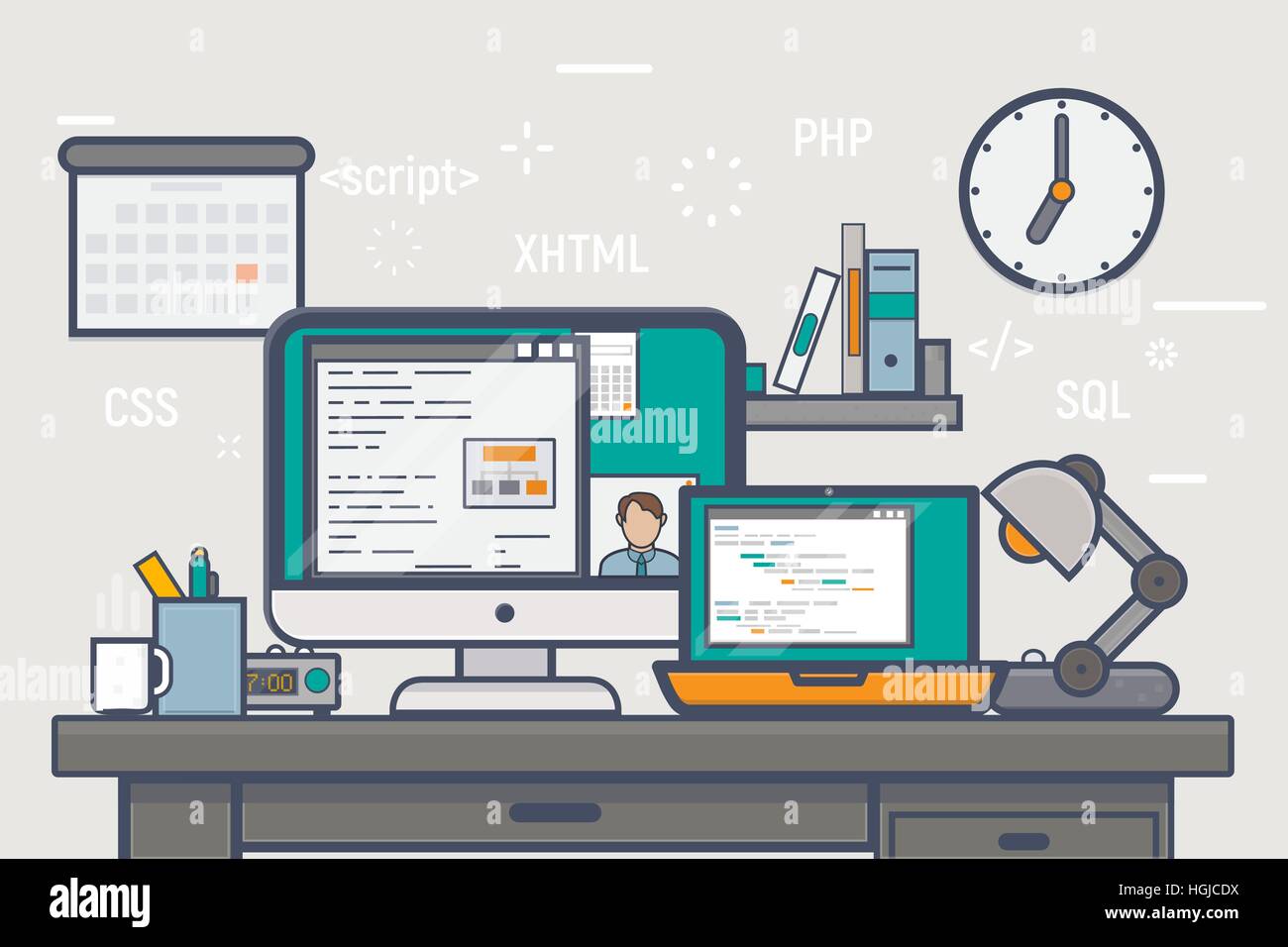 Ilustración del concepto de línea. Freelance en casa o lugar de trabajo de la oficina para el desarrollo web, programación y construcción de sitios web. Ilustración del Vector
