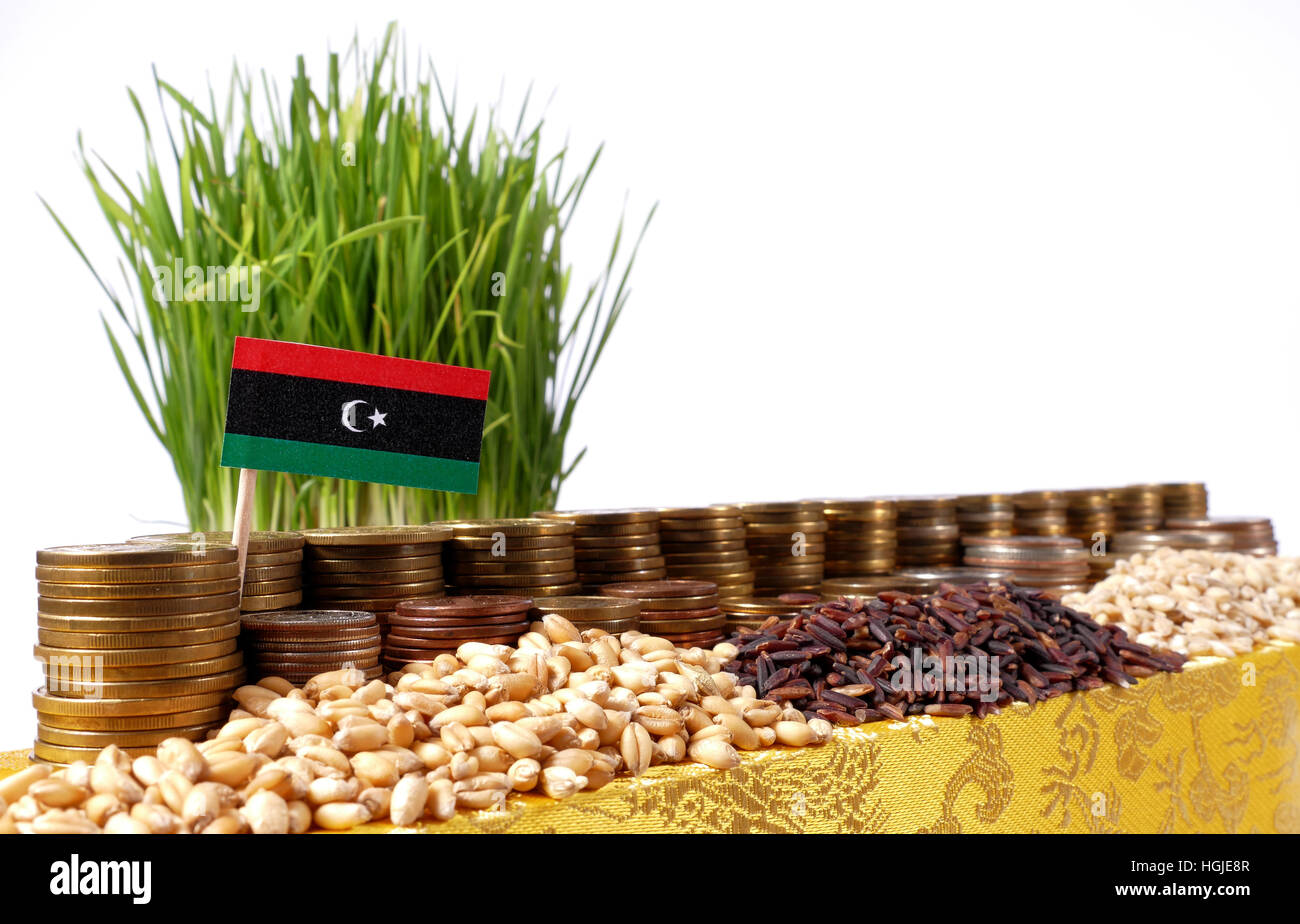 Libia ondear la bandera con la pila de dinero monedas y montones de trigo y semillas de arroz Foto de stock
