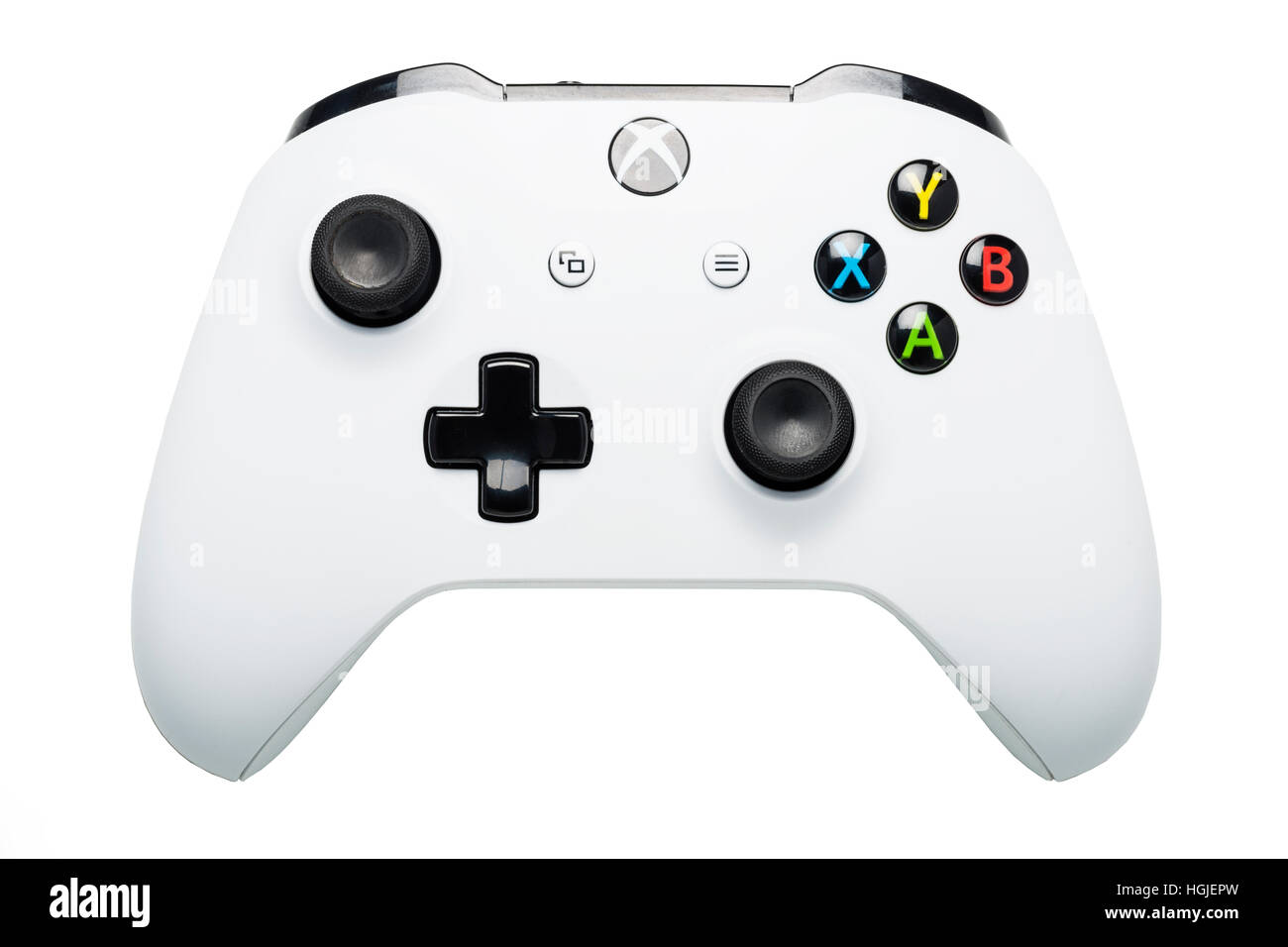 Un controlador de juegos Xbox uno s sobre un fondo blanco. Foto de stock