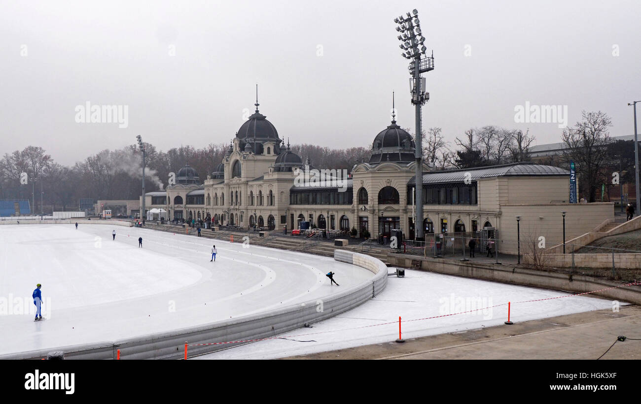 El Budapest del hielo pista de patinaje sobre hielo al aire libre, con sus  hermosos edificios, cerca de la plaza de los Héroes. Budapest, Hungría  Fotografía de stock - Alamy
