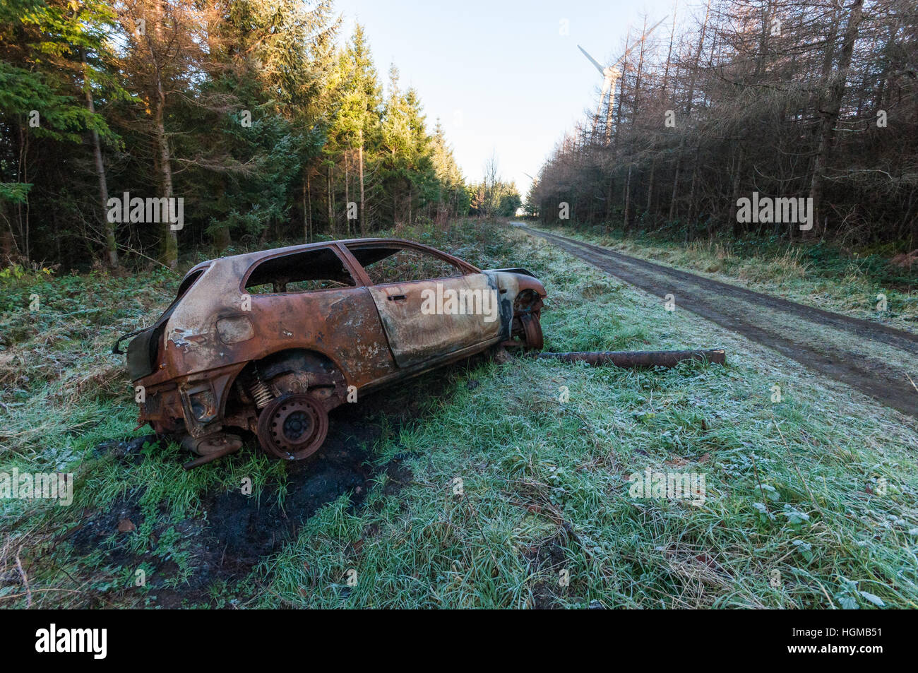 Oxidados y coche quemado arrojados por pista forestal Foto de stock