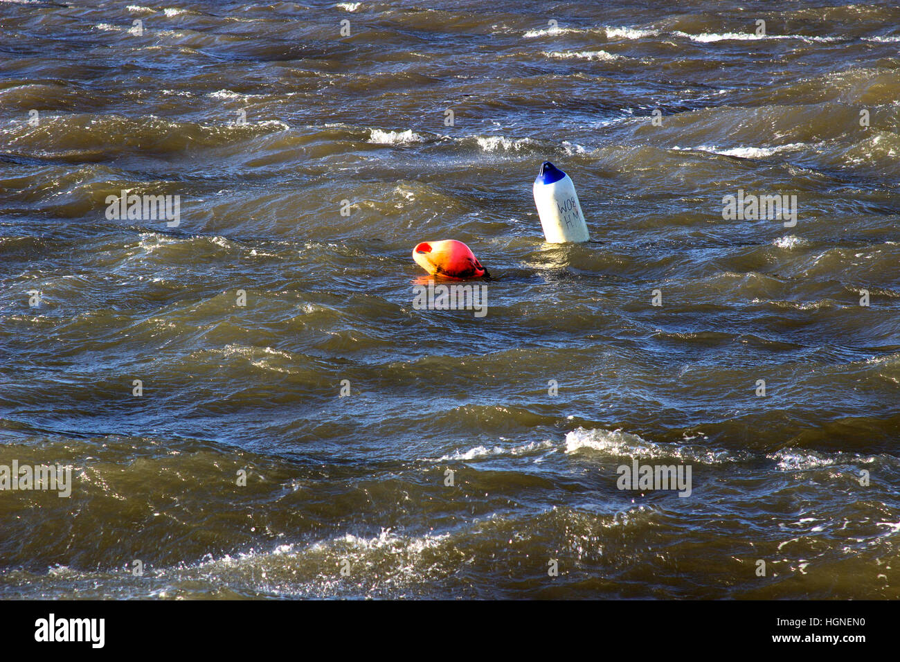 Y Marcador de boya de amarre vacío en mares agitados durante una tormenta en Puerto Groomsport en el Condado de Down en Irlanda del Norte Foto de stock