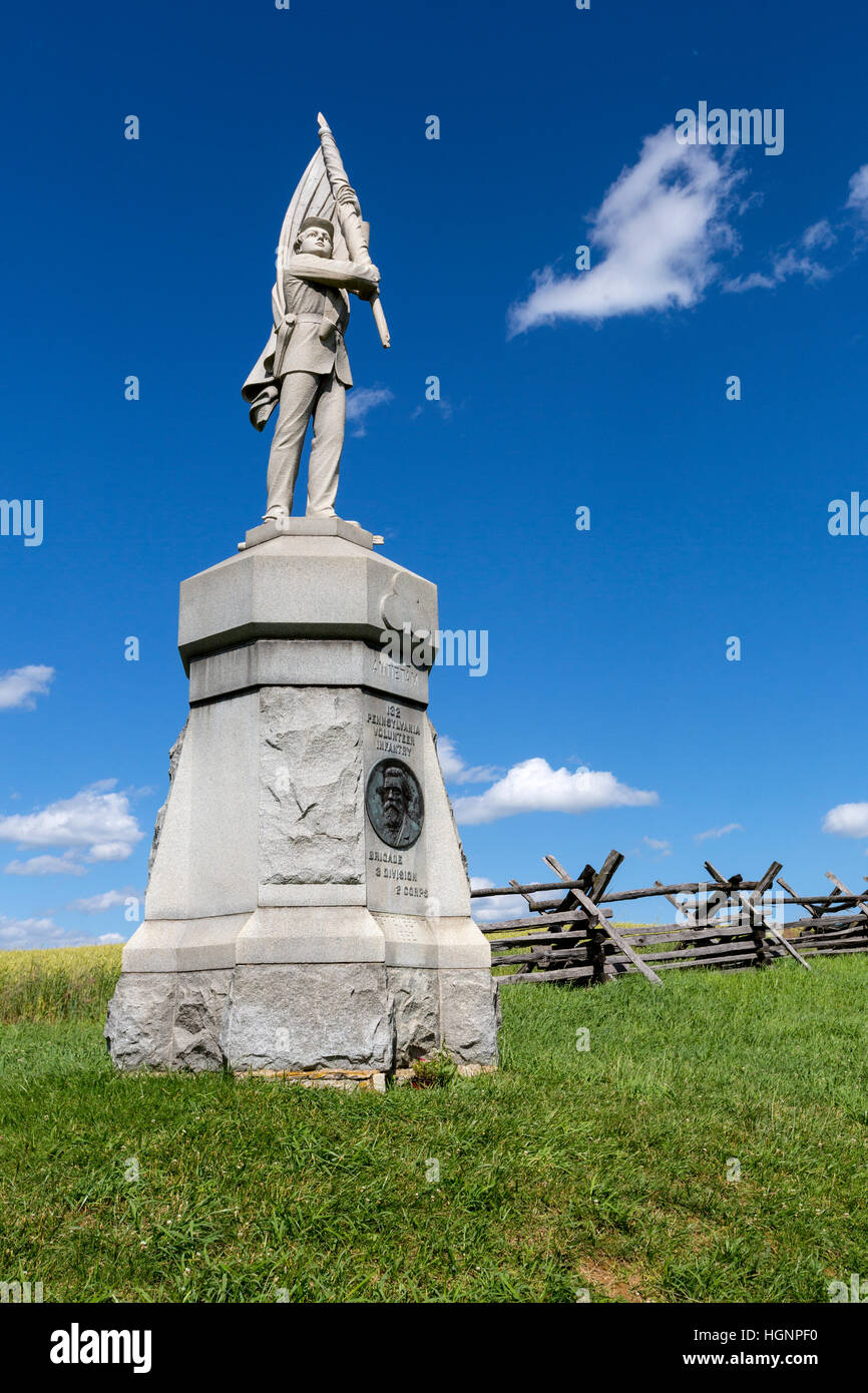 Campo de Batalla de Antietam, Maryland. Sunken Road (Bloody Lane). Monumento a la Infantería de Voluntarios de Pennsylvania. Foto de stock