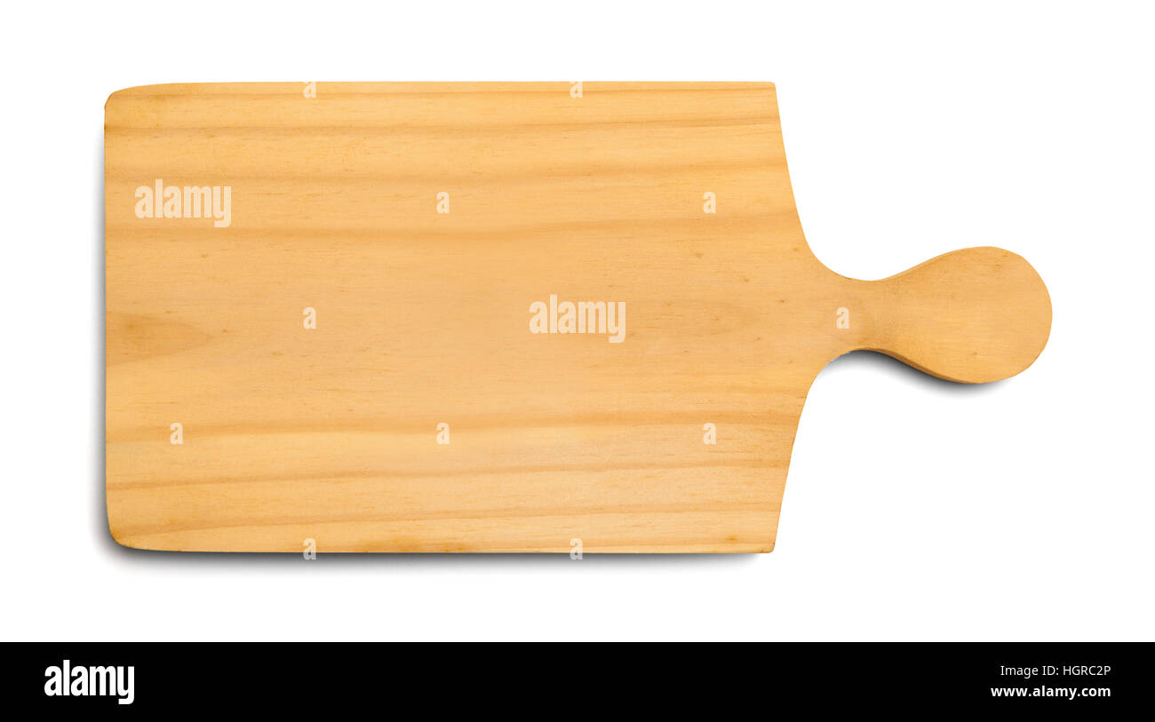 Tabla de cortar de madera con mango aislado sobre fondo blanco. Foto de stock