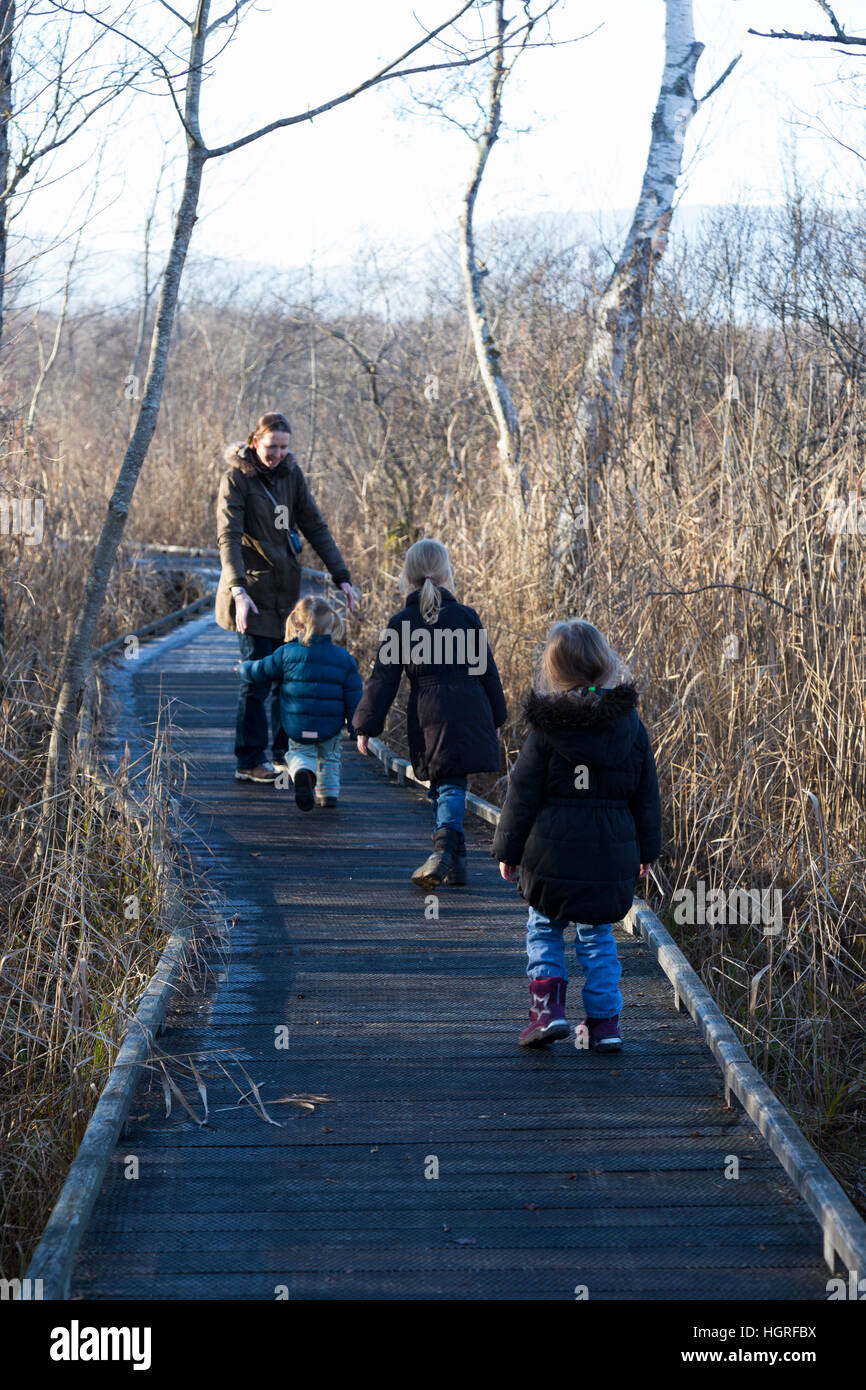 Madre y 3 hijos tres hijos hijas en paseo sendero sendero sendero de Marais Lavours Reserva Natural Nacional. Francia Foto de stock