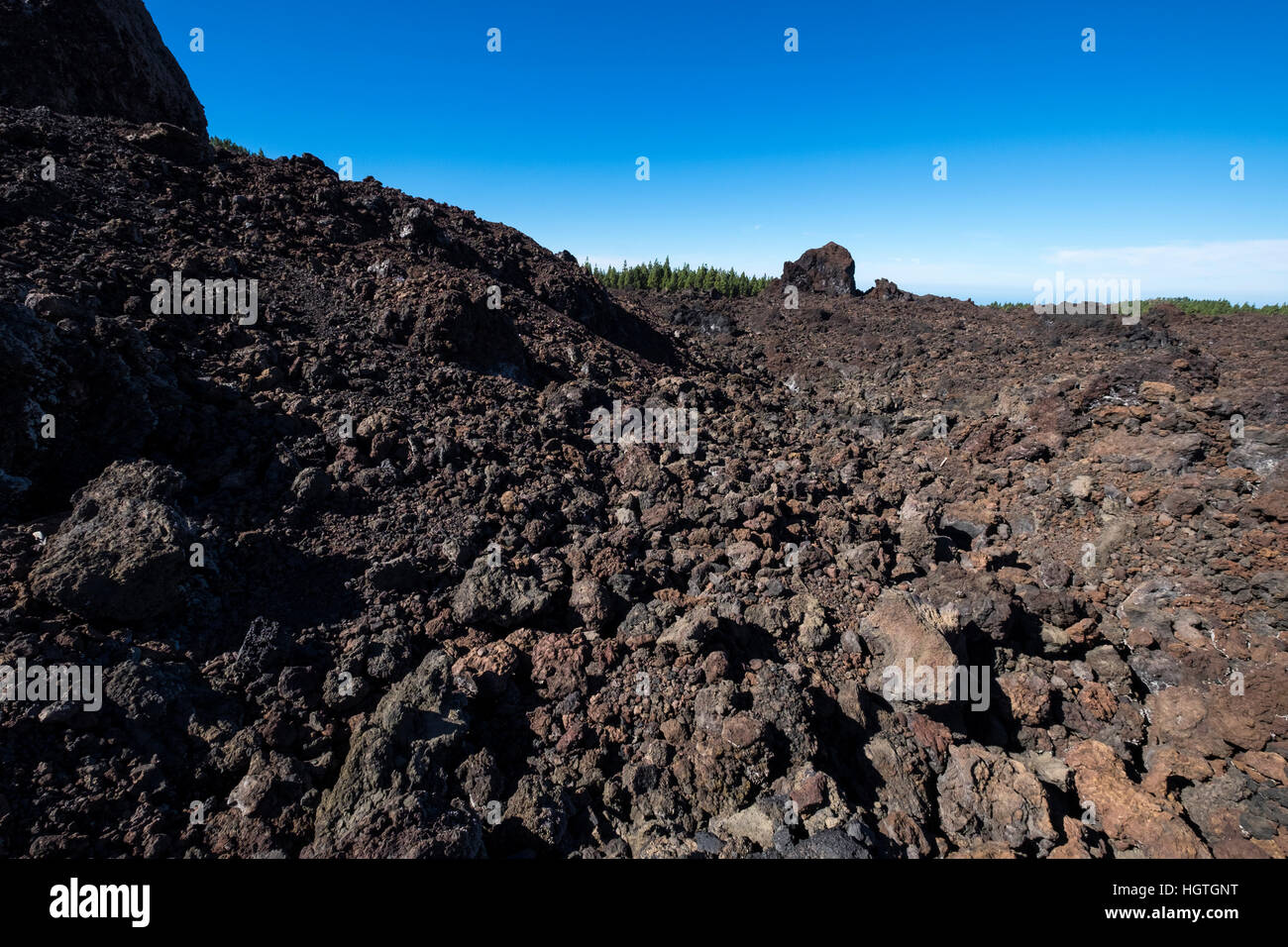 Cruzando el río de lava solidificada de Chinyero volcán Teide, Tenerife, Islas Canarias, España Foto de stock