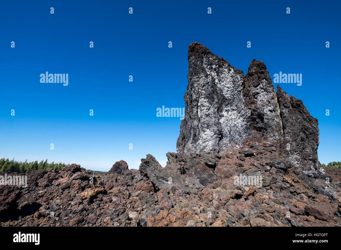 Cruzando el río de lava solidificada de Chinyero volcán Teide, Tenerife, Islas Canarias, España Foto de stock