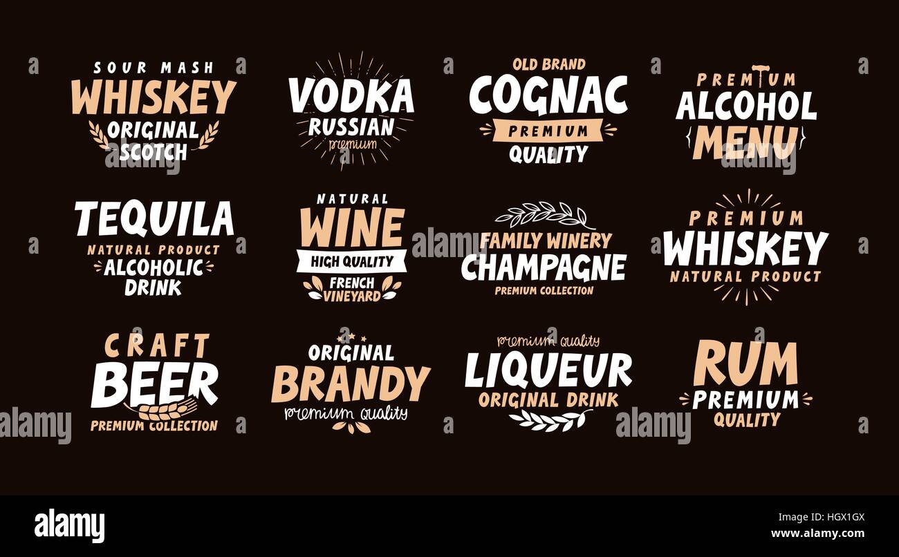 Bebida alcohólica. Colección de etiquetas para el diseño del menú restaurante o bar Ilustración del Vector