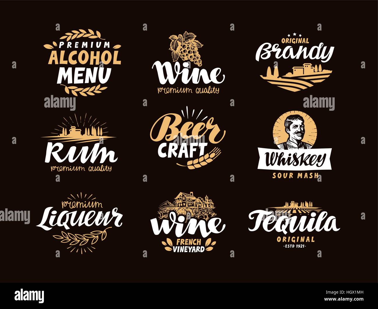Barra de menús, iconos. Las etiquetas de las bebidas alcohólicas tales como el vino, el brandy, el ron, cerveza artesanal, whisky, licor, Símbolos de tequila Ilustración del Vector