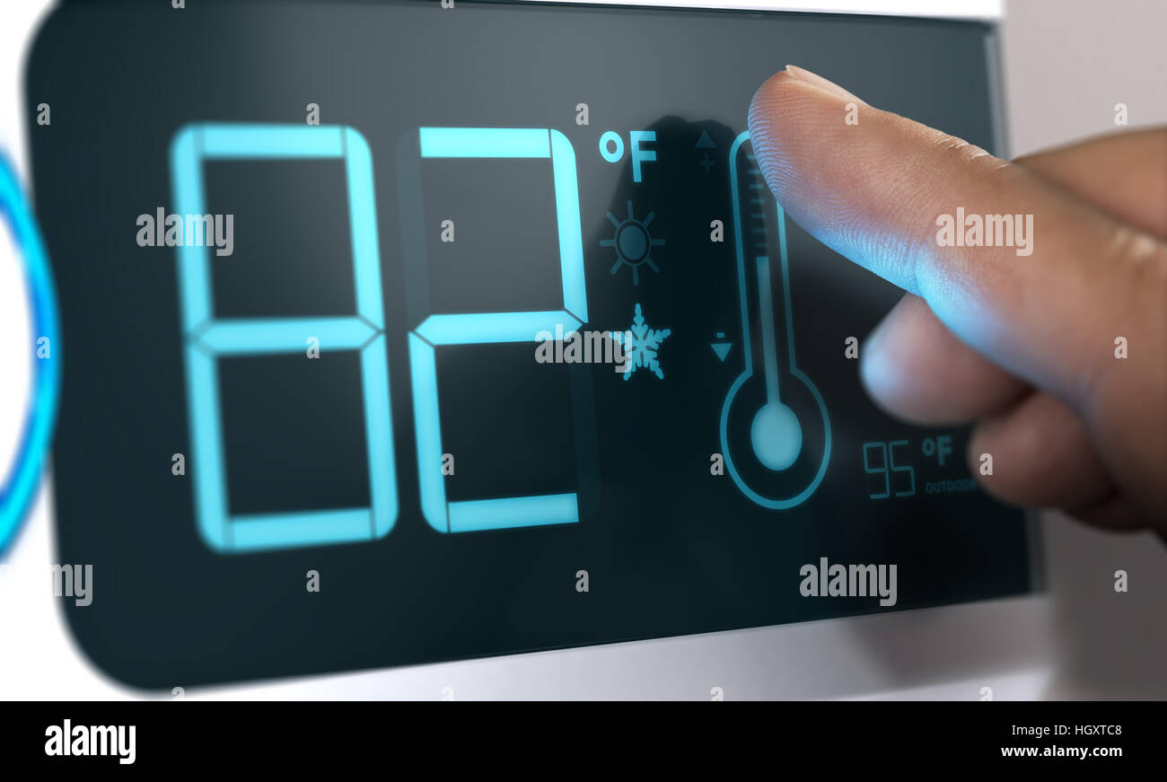Dedo tocando un controlador de temperatura termostato digital para establecerlo en 82 grados Fahrenheit. composite entre una imagen y un fondo 3d Foto de stock