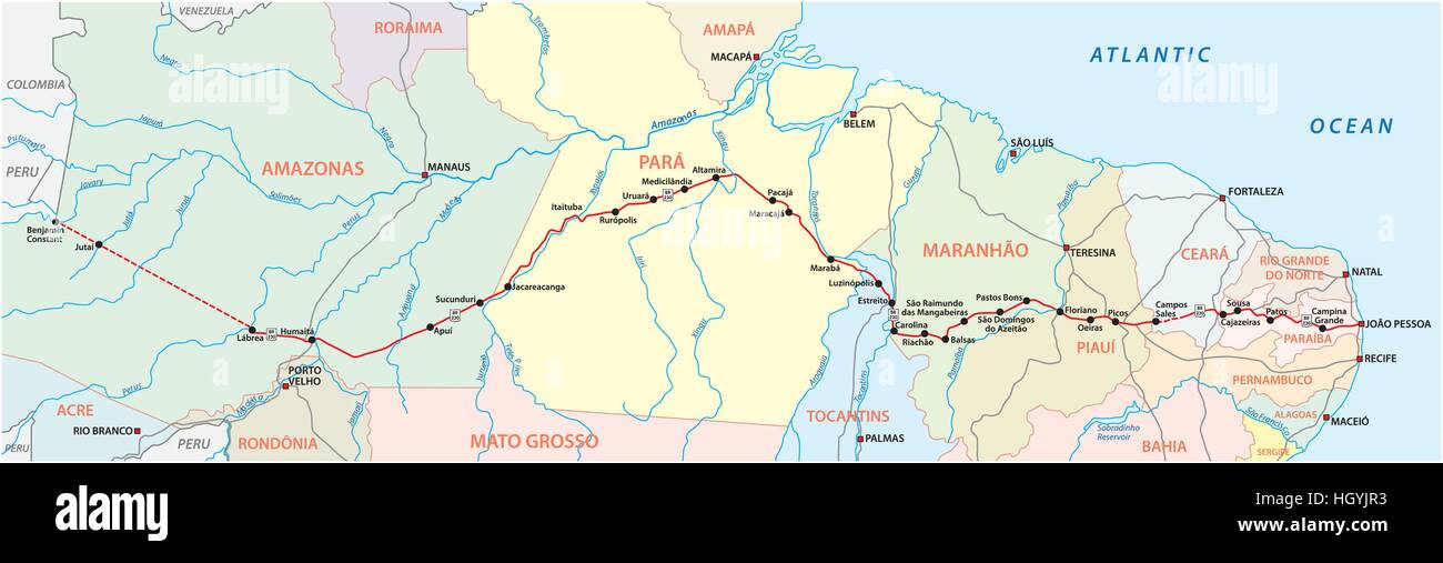Mapa de la carretera Transamazonica brasileña BR 230 Ilustración del Vector
