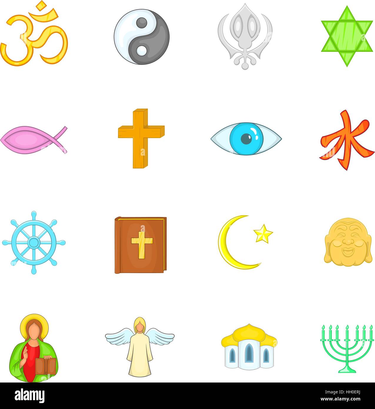 La religión, el conjunto de iconos de estilo de dibujos animados Imagen  Vector de stock - Alamy