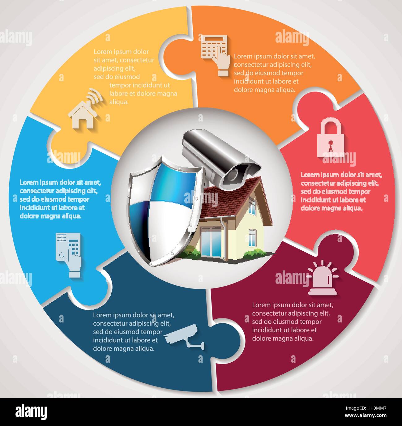 Casa con escudo de protección y CCTV - Concepto de seguridad en el hogar Ilustración del Vector