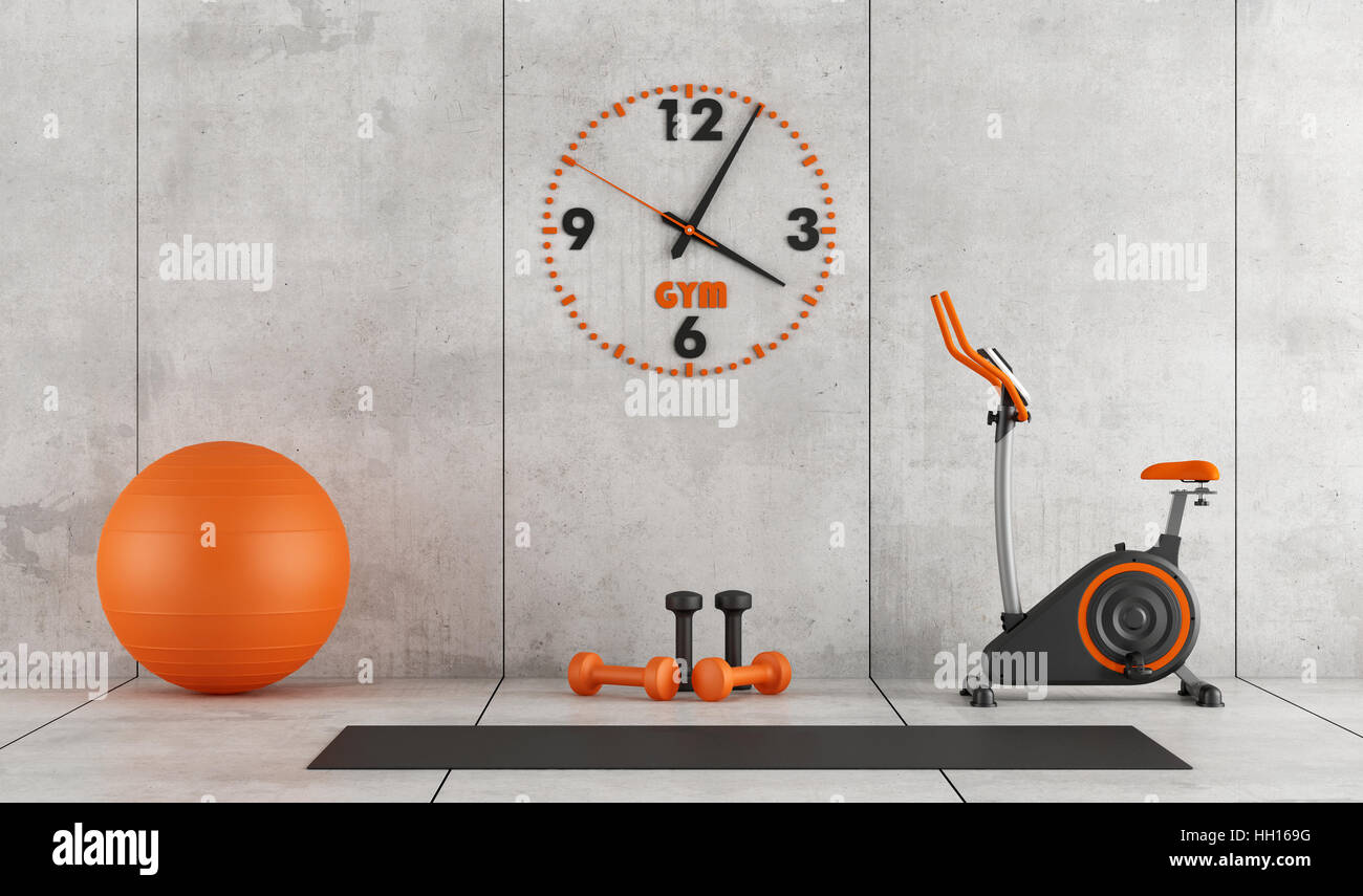 Sala de cemento con bicicleta estacionaria, pilates pelota mano y peso - 3D  rendering Fotografía de stock - Alamy