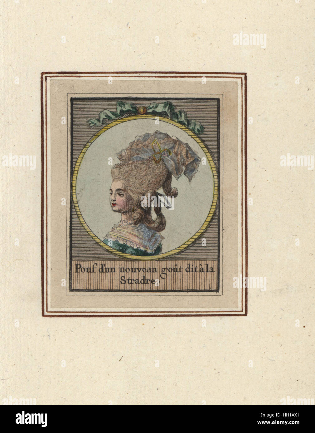 Mujer en un nuevo estilo de pouf llamado Stradre. Pouf d'un nouveau dit a la Stradre gota. Copperplate Handcolored grabado por un artista desconocido de un álbum de peinados de moda de 1783, Suite des Coeffures a la Mode en 1783, Esnauts et Rapilly, París, 1783. Foto de stock