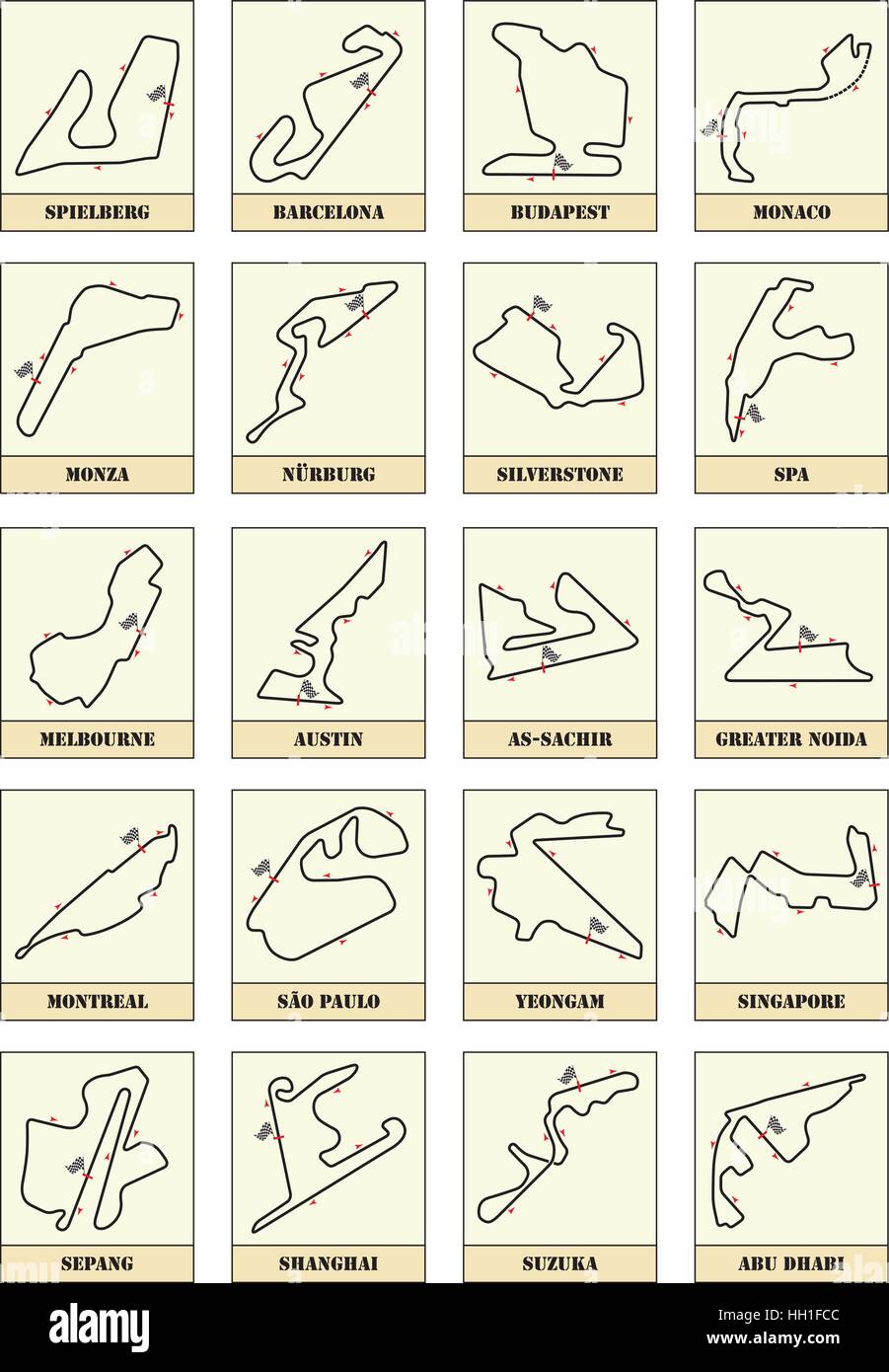 Mapas del circuito de carreras de F1 Ilustración del Vector