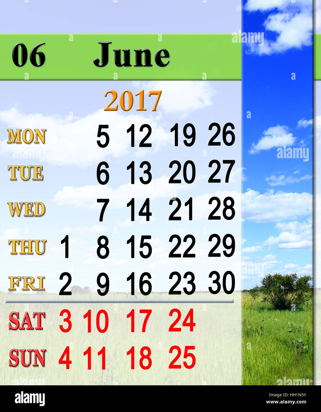 Calendario de junio de 2017 en el fondo de paisaje de verano Foto de stock
