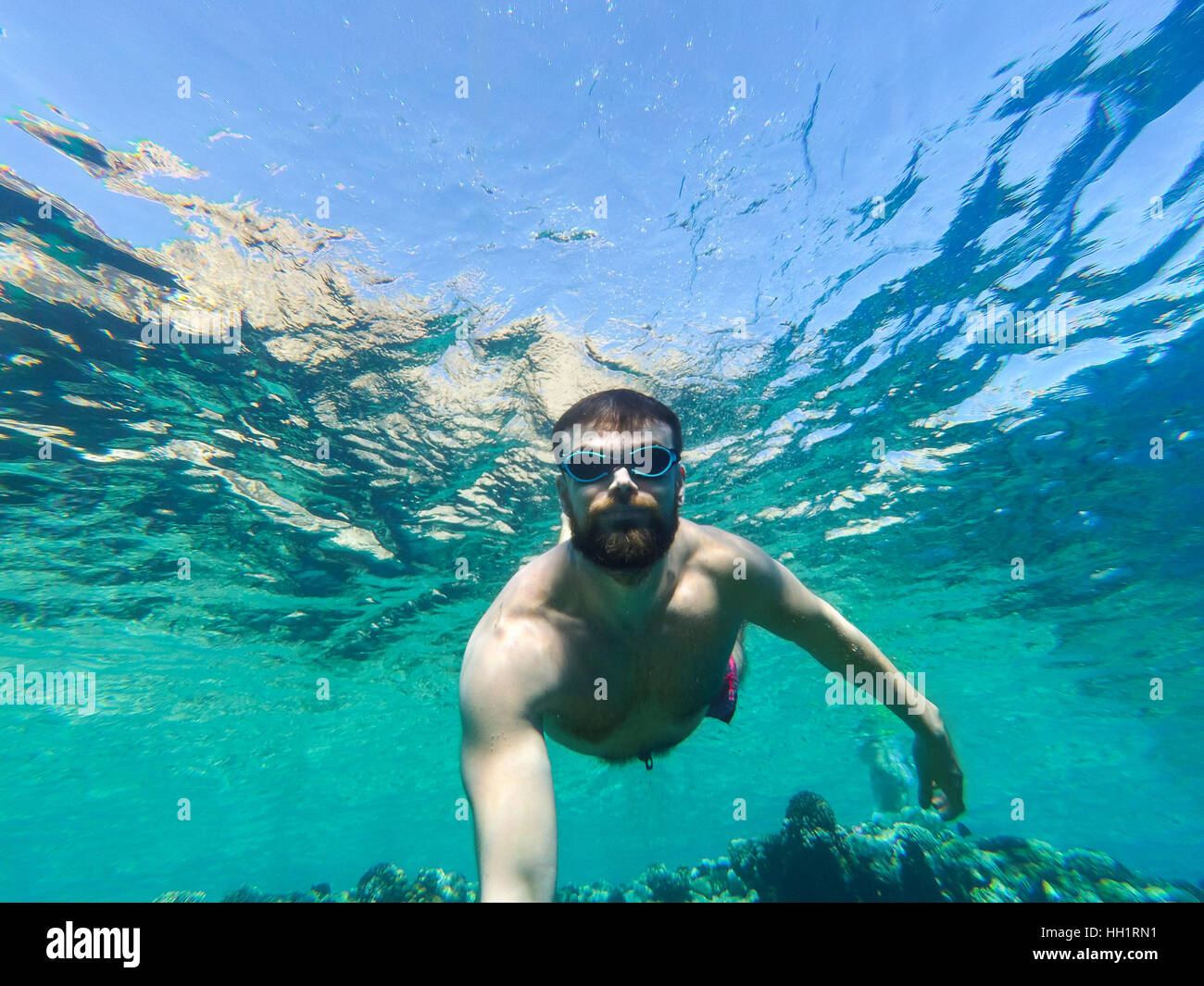 Joven Hombre Barbado buceando en un agua limpia azul del mar Foto de stock