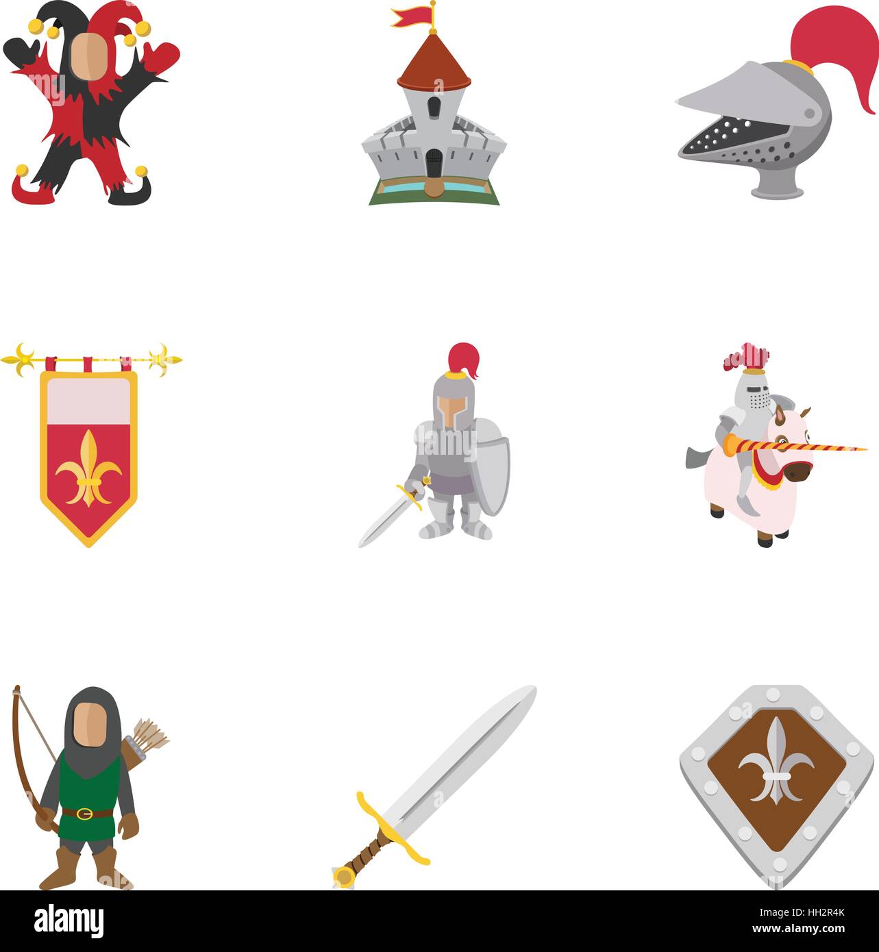Edad media militar conjunto de iconos, estilo de dibujos animados Ilustración del Vector