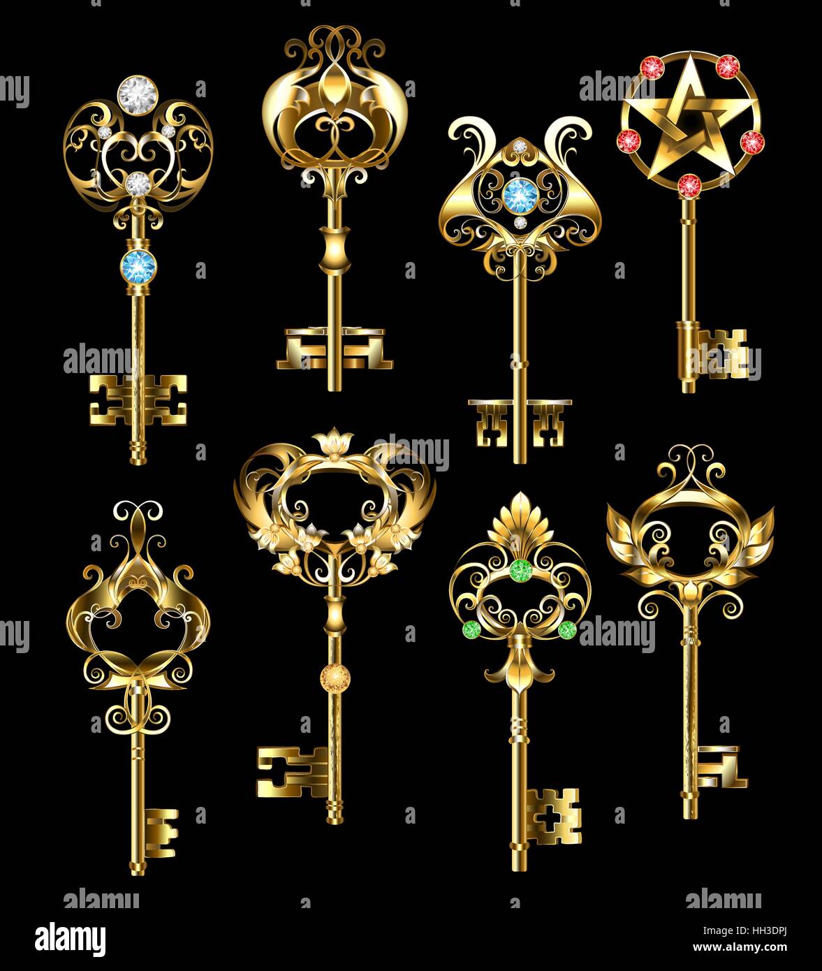 Juego de llaves, joyas de oro, decorados con gemas redonda sobre fondo negro. Joyas de oro las claves. Ilustración del Vector