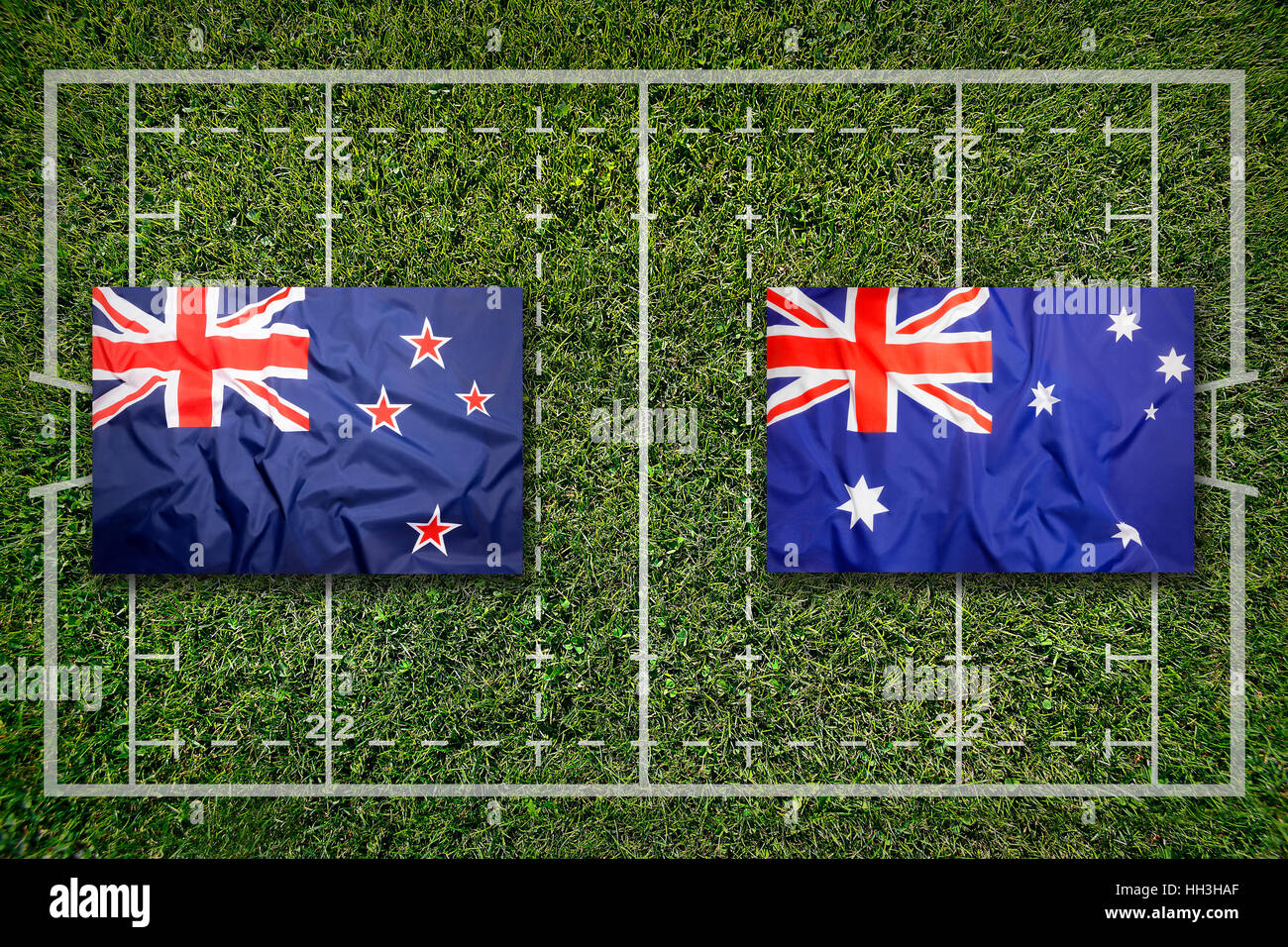 Nueva Zelanda vs. Australia banderas en verde campo de rugby Fotografía de  stock - Alamy