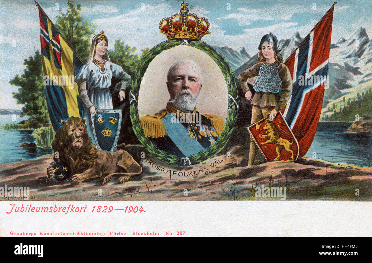 Postal conmemorativa con ocasión del 75 cumpleaños del rey Oscar II de Suecia y Noruega. Su lema es escrito debajo de su retrato - 'Broderfolkenes Vel' ('el bienestar de los pueblos hermanos"). Foto de stock