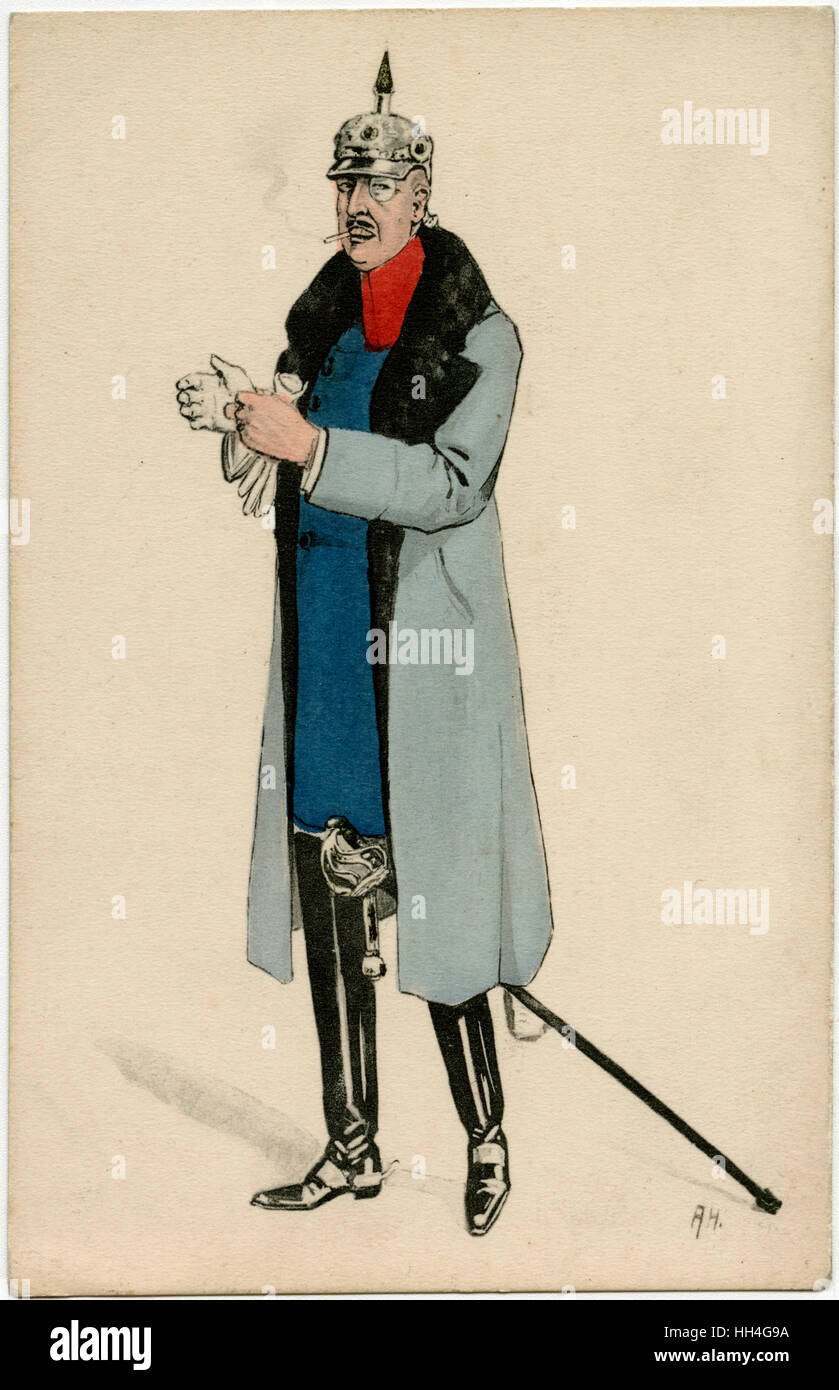 WW1 - caricatura satírica de un oficial alemán, vistiendo Pickelhaube estándar y Monocle. Foto de stock