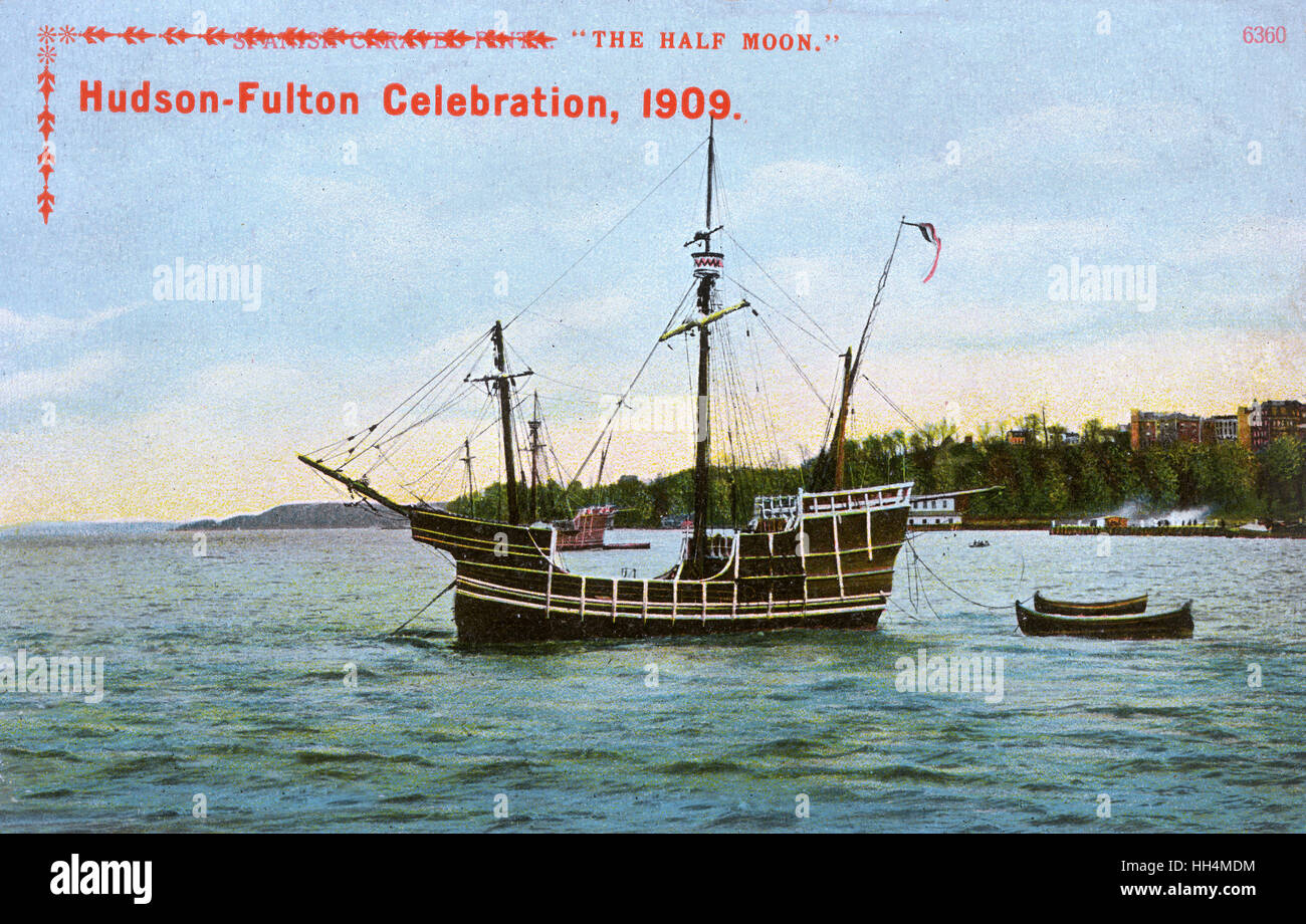 Hudson-Fulton Celebration navío, el Half Moon -- celebrando el 300º aniversario de Henry Hudson's descubrimiento del Río Hudson, y el 100º aniversario de Robert Fulton's exitoso primer uso comercial de un barco de vapor. Visto aquí es una réplica de Foto de stock