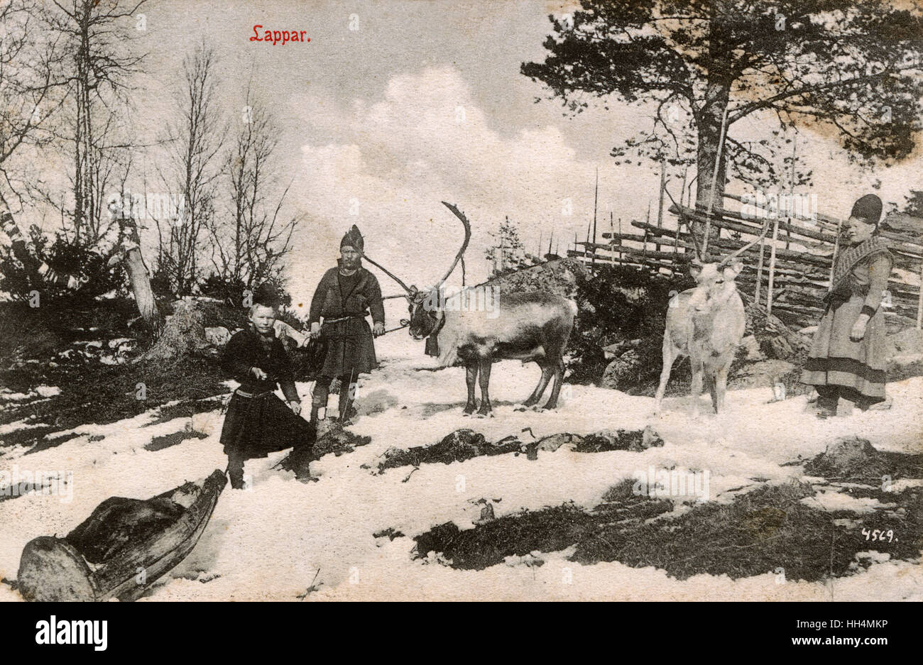 Sami (saami) Personas - Noruega - con renos y trineo de madera pequeños. Foto de stock