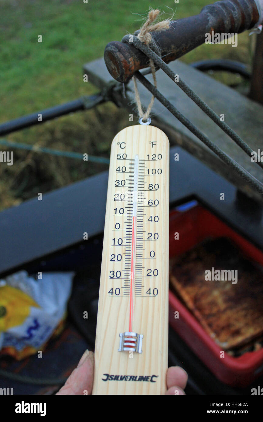 Un termómetro montado sobre una base de madera que se utiliza para tomar y  registrar la temperatura exterior en relación con el tejido de una manta de  temperatura Fotografía de stock -