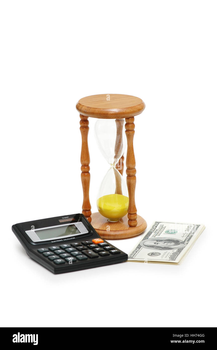 El tiempo es dinero, calculadora, reloj de arena y dólares Fotografía de  stock - Alamy