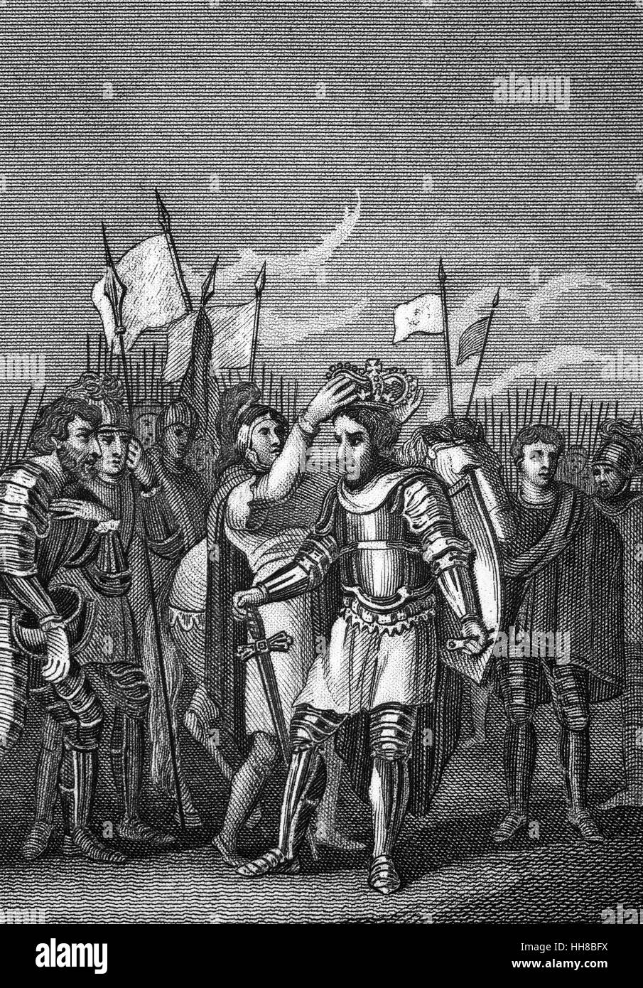 La coronación de Enrique VII (1457 - 1509) el 22 de agosto de 1485, tras la victoria en la batalla de Bosworth Field (o batalla de Bosworth), la última batalla importante de la Guerra de las rosas entre las casas de Lancaster y York, que tuvo lugar en Inglaterra en la segunda mitad del siglo XV. Foto de stock