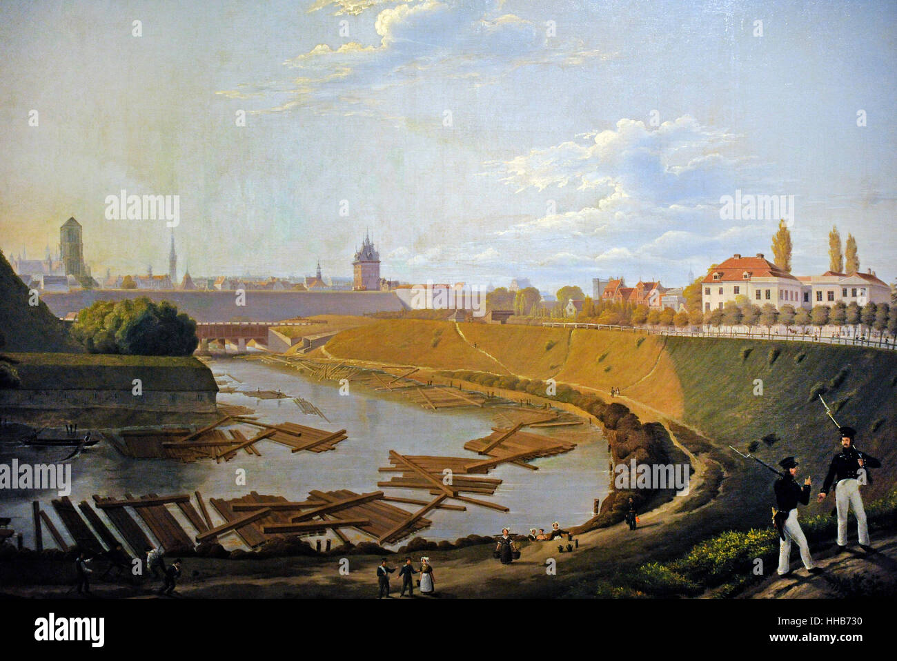 Friedrich Eduard Meyerheim (1808-1879). Pintor alemán. Vista de Gdansk. Madera flotante en el foso. 1829. Foto de stock