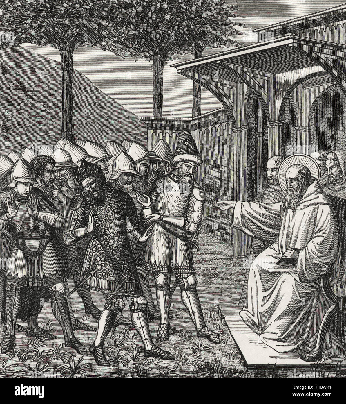 San Benito reproches Totila con haber engañado a él, y predice su muerte Foto de stock