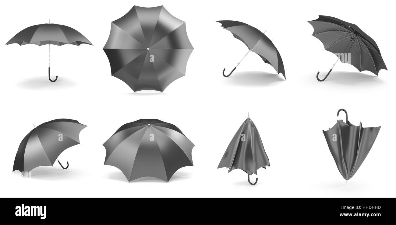 Negro paraguas y sombrillas en varias posiciones abiertas y colección plegada. 3D rendering Foto de stock