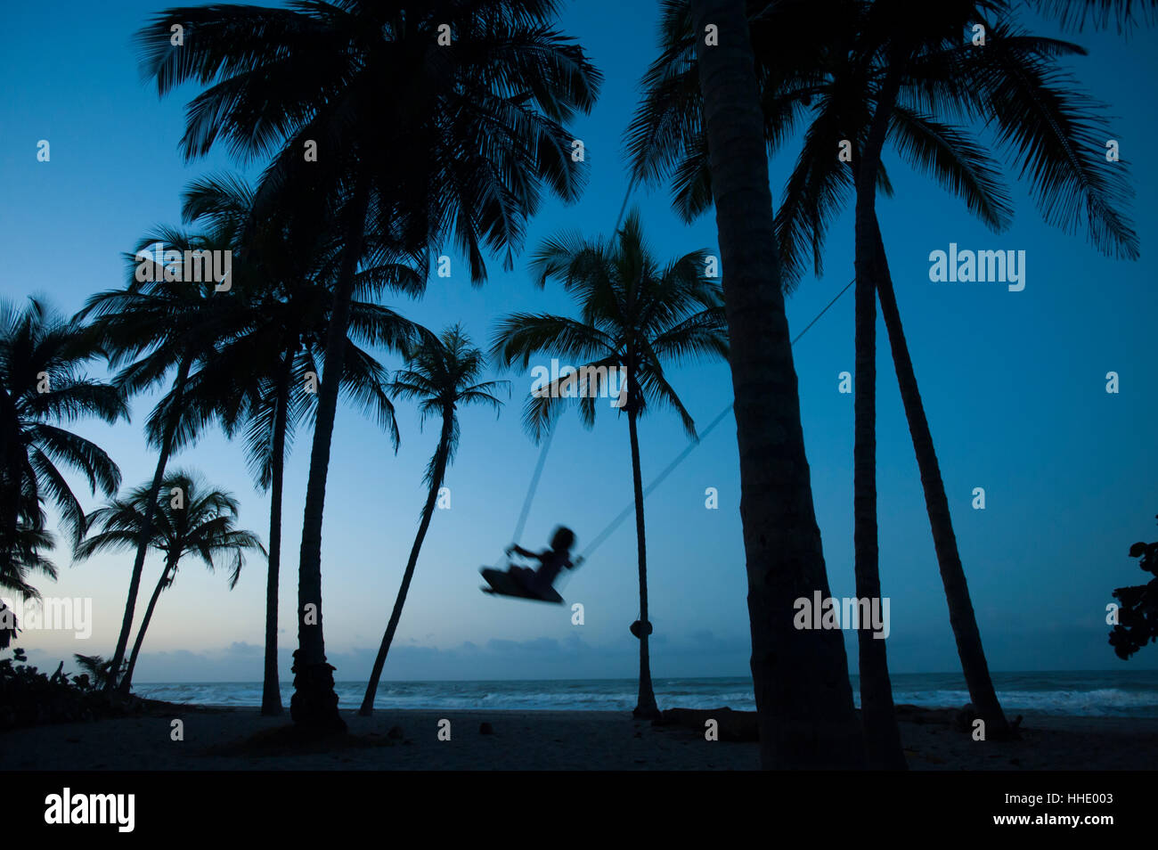 Una niña juega en un columpio atado entre palmeras en la costa del Caribe en Palomino en Colombia Foto de stock